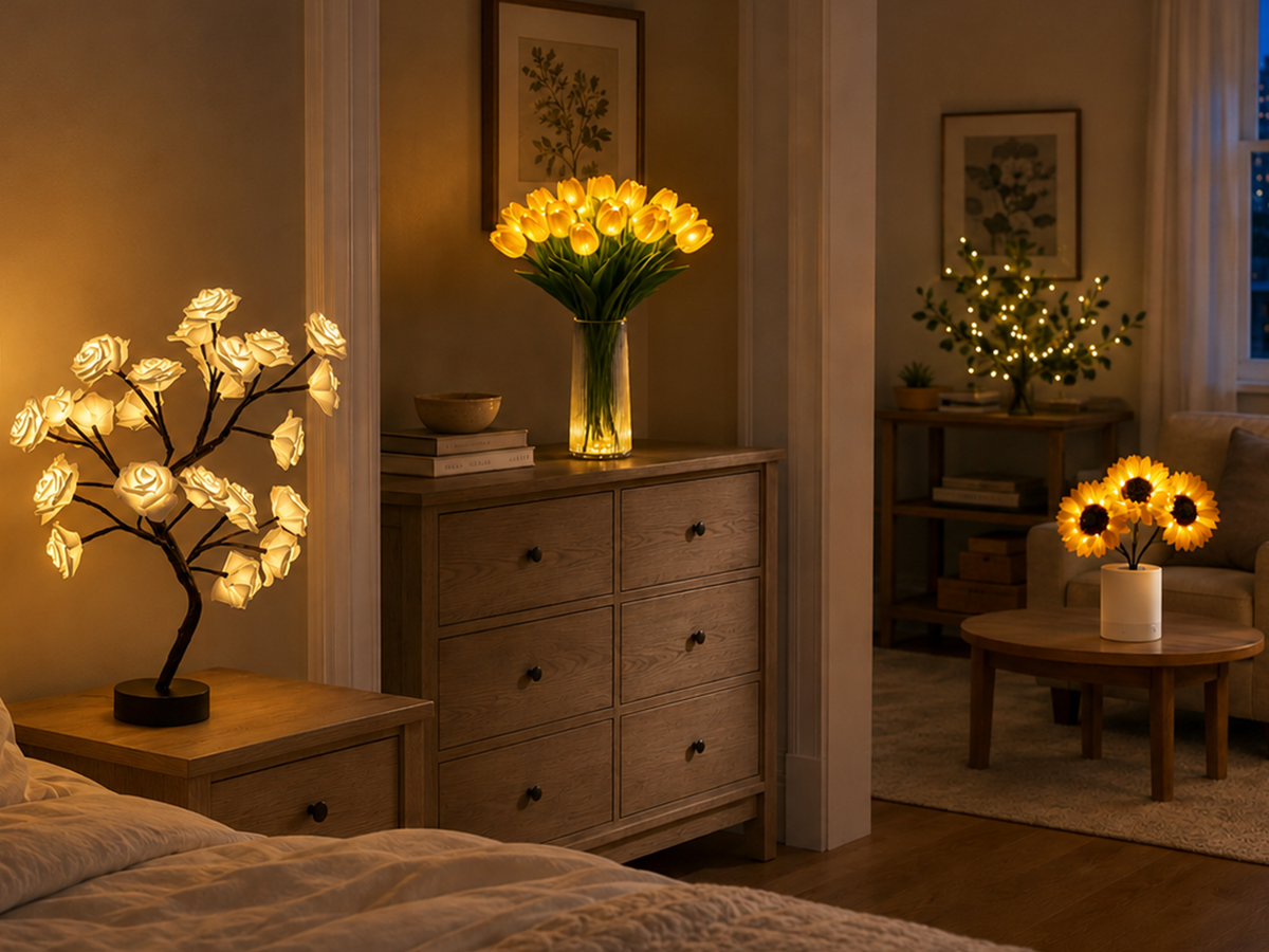 Floral LED lights decorating a warm bedroom and living space