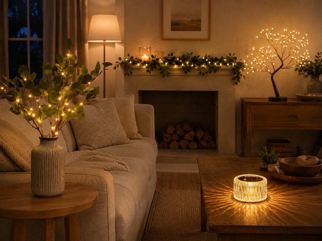 Cozy living room with layered warm lighting and decorative LED accent lights