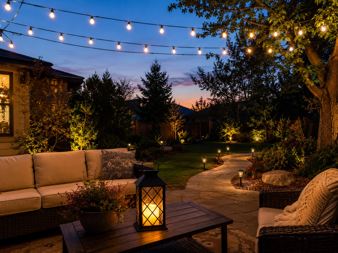 Outdoor patio with warm string lights, a table lantern, and pathway lights at dusk