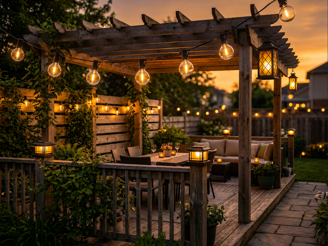 Warm hanging lanterns and string lights illuminating a wooden backyard pergola at sunset