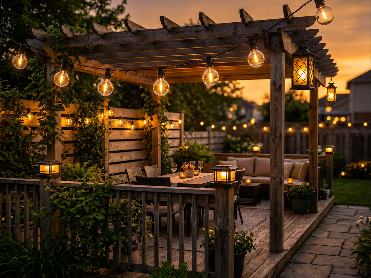 Warm hanging lanterns and string lights illuminating a wooden backyard pergola at sunset