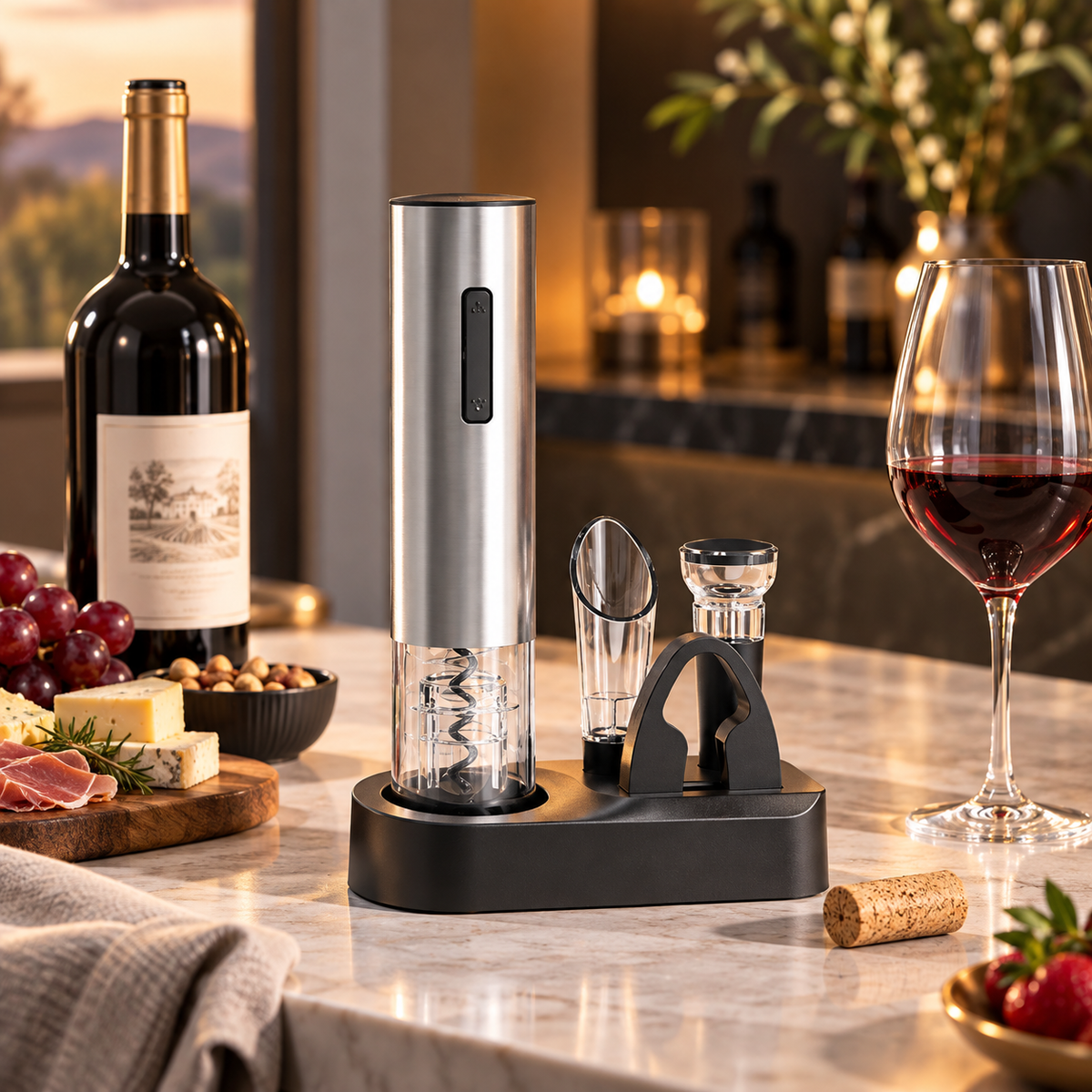 Rechargeable Electric Wine Opener Set with Foil Cutter, Pourer & Stopper