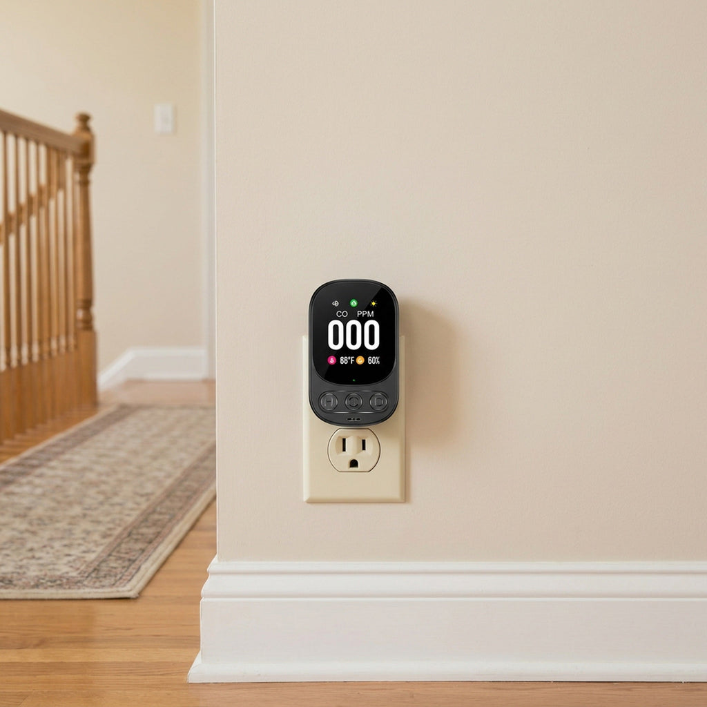 Plug-in Carbon Monoxide Detector – 3-in-1 CO Level Alarm with Temperature & Humidity Sensor, Easy Install Safety Device