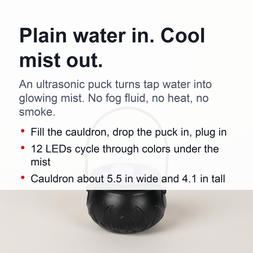Witch Cauldron Fog Machine – Halloween Mist Maker Fogger, 12 Color-Changing LED Water Fountain Prop for DIY Haunted House & Party