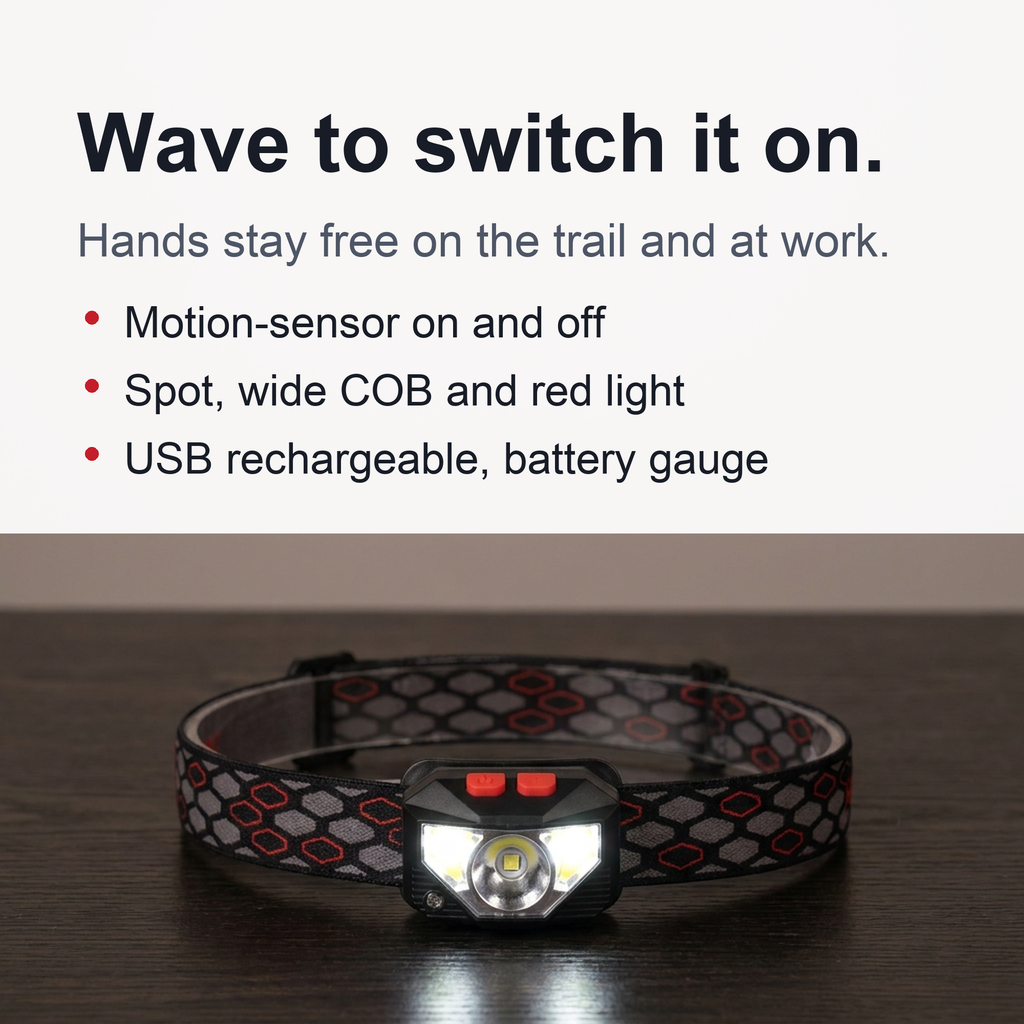USB Rechargeable LED Headlamp – Bright Sensor-Activated Head Torch for Fishing, Hiking, Emergency Search, or Camping Adventure Use