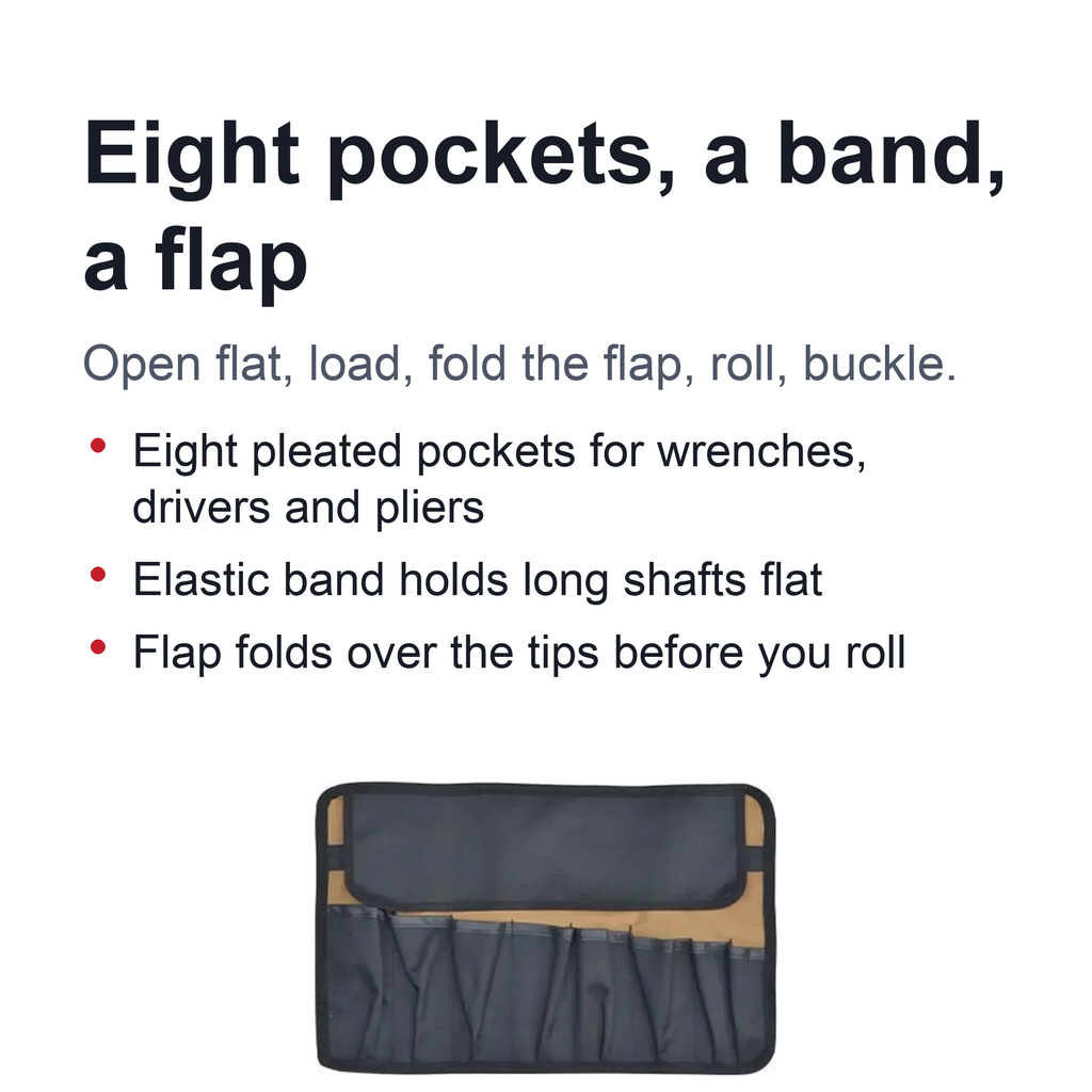 Tool Roll Bag – Roll-Up Oxford Cloth Wrench Organizer, 8 Pockets, Buckle Strap