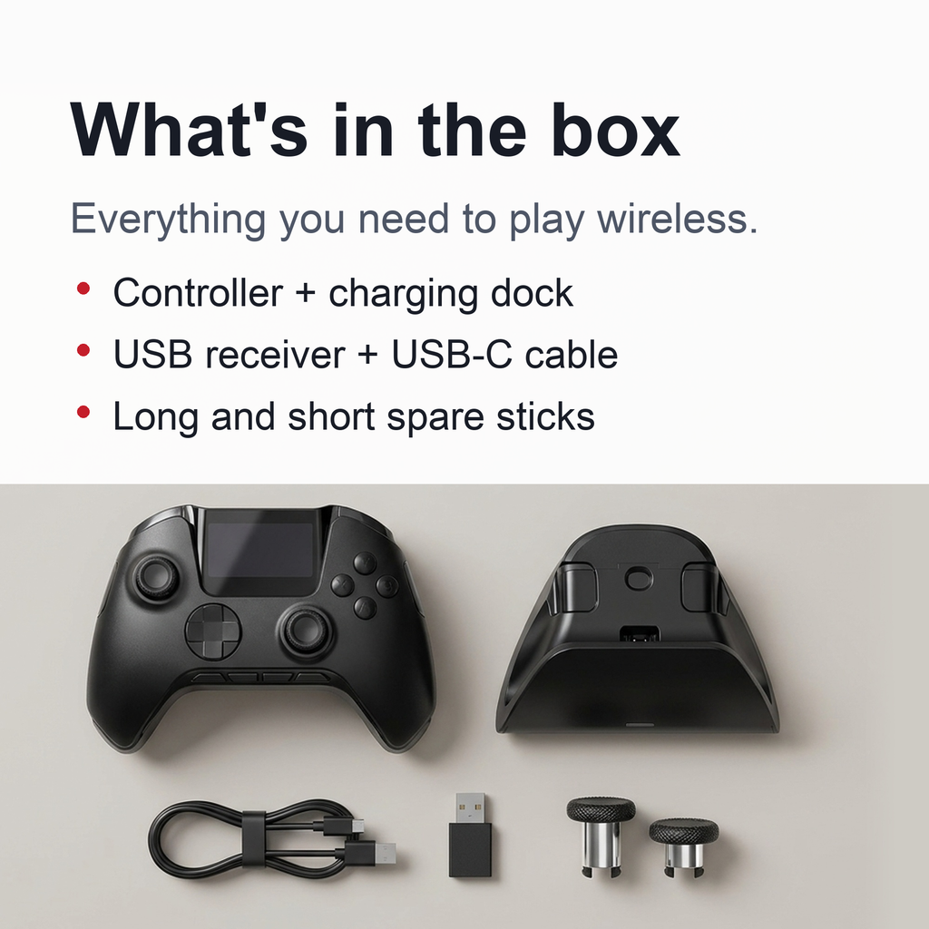 Wireless Gaming Controller V2 with Screen & Charging Dock – Hall Effect Sticks, RGB, for PC, Switch, iOS & Android (Not for Xbox/PS5)