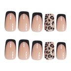 Black French Tip Leopard Print Press-On Nails – 24-Piece Short Square Set