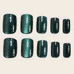 Dark Green Cat Eye Press On Nails – Short Square Glossy Design