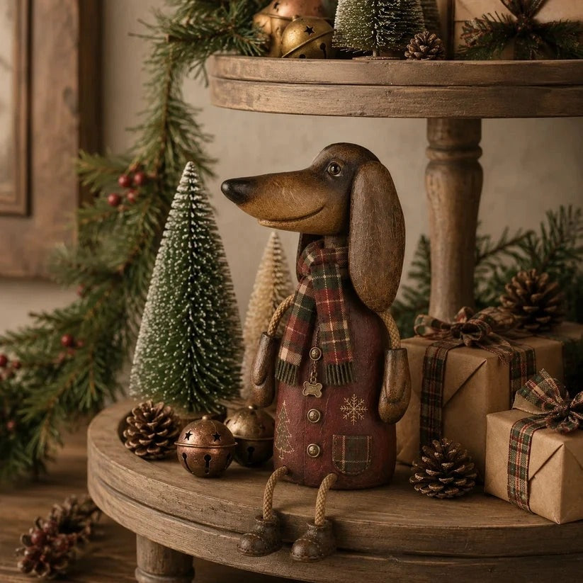 Vintage Christmas Dachshund Shelf Sitter – Farmhouse Holiday Decor