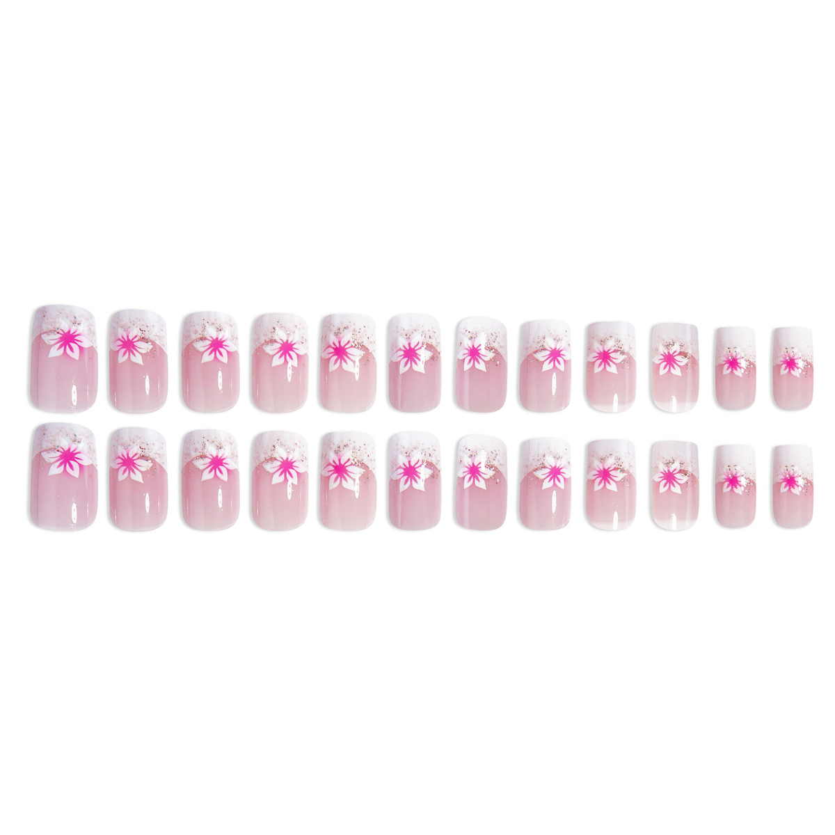 24-Piece Rose Pink Glitter Floral Square French Press-On Nails