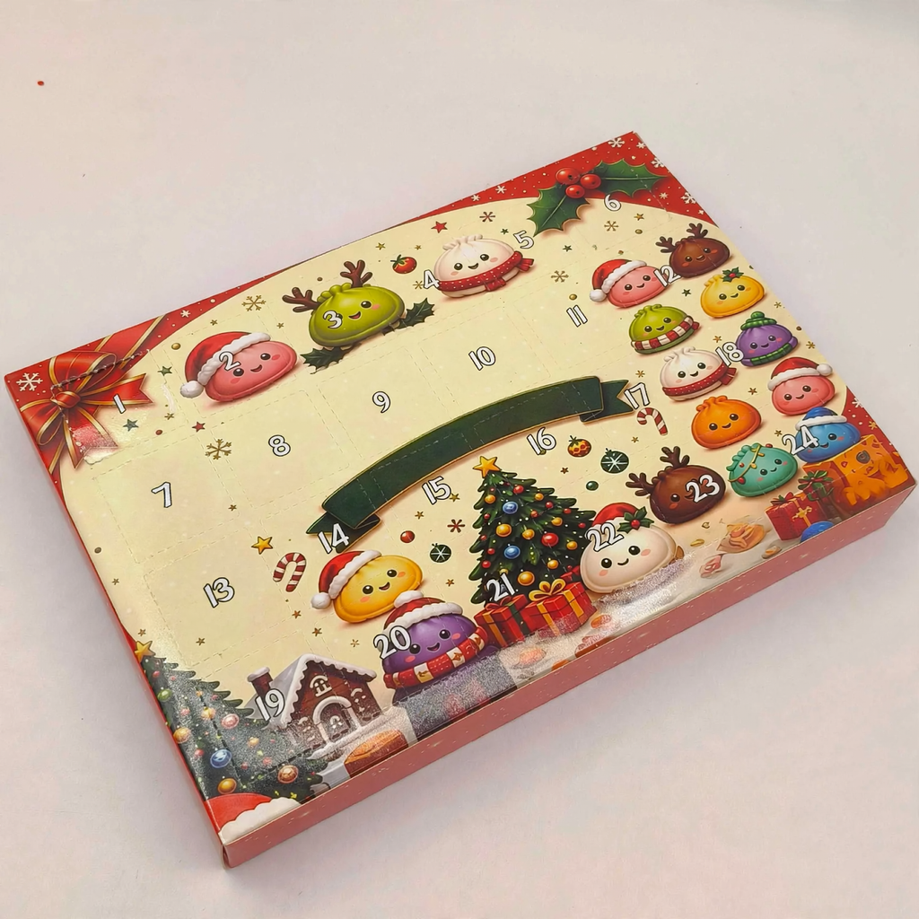Advent calendar with 24 squishy figures in fruit and vegetable shapes