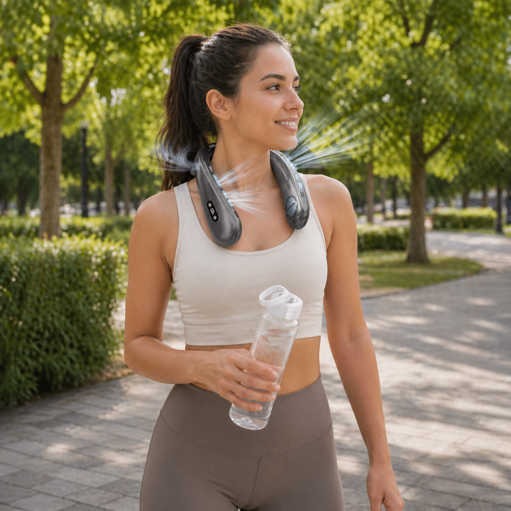Portable Neck Air Conditioner Fan – Rechargeable Bladeless Neck Cooling Fan with Semiconductor Cooling for Outdoor Summer Comfort