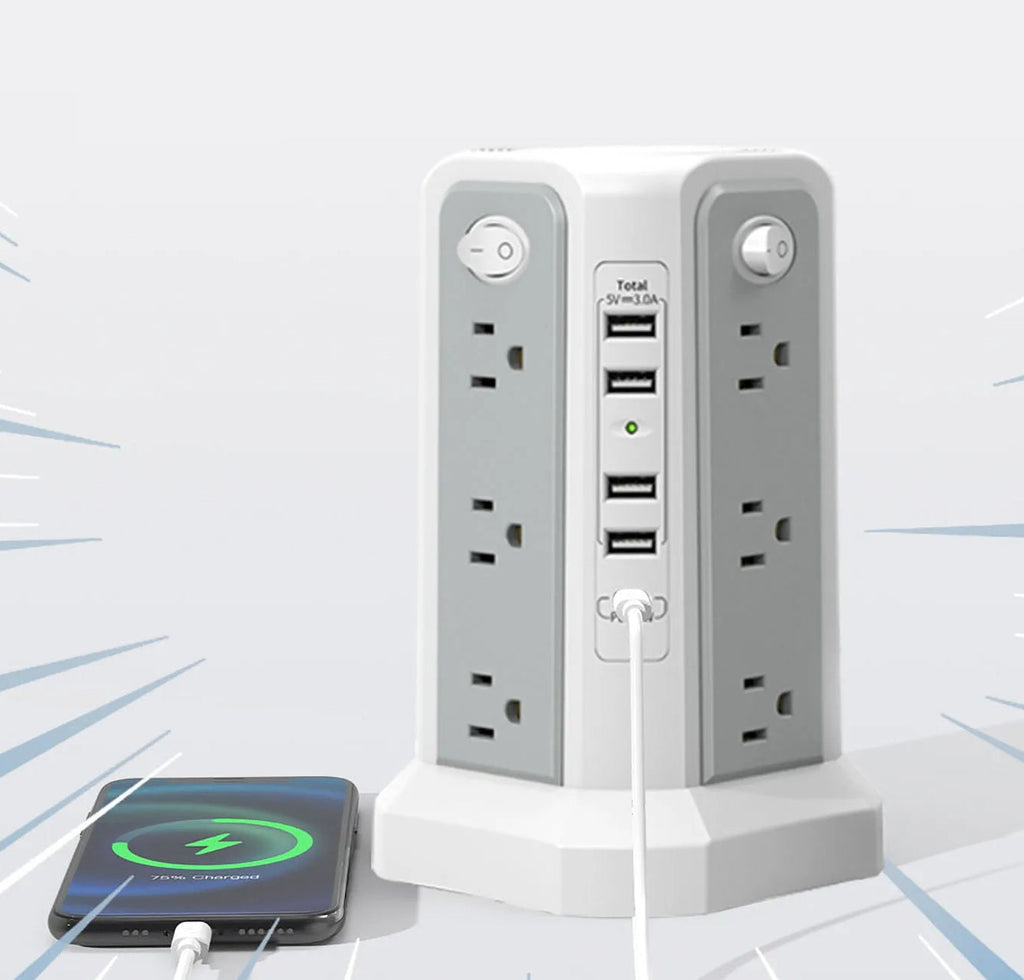 Upgraded Surge Protector Tower – 12 AC Outlets & 5 USB Ports with 10.2ft Cord, Must-Have Charging Station for Home, Office, Travel
