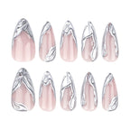 Silver 3D French Long Teardrop Press-On Nails, 24 Pcs + Glue