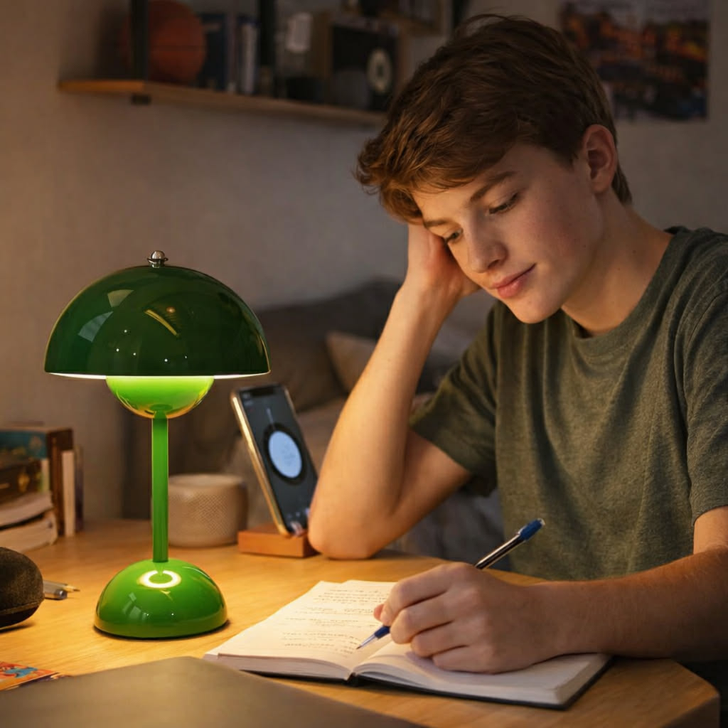 Creative Bedroom Minimalist Mushroom Shaped LED Table Lamp – Bedside Study Office Desk Light with Modern Flower Bud Design for Kids Room Decor