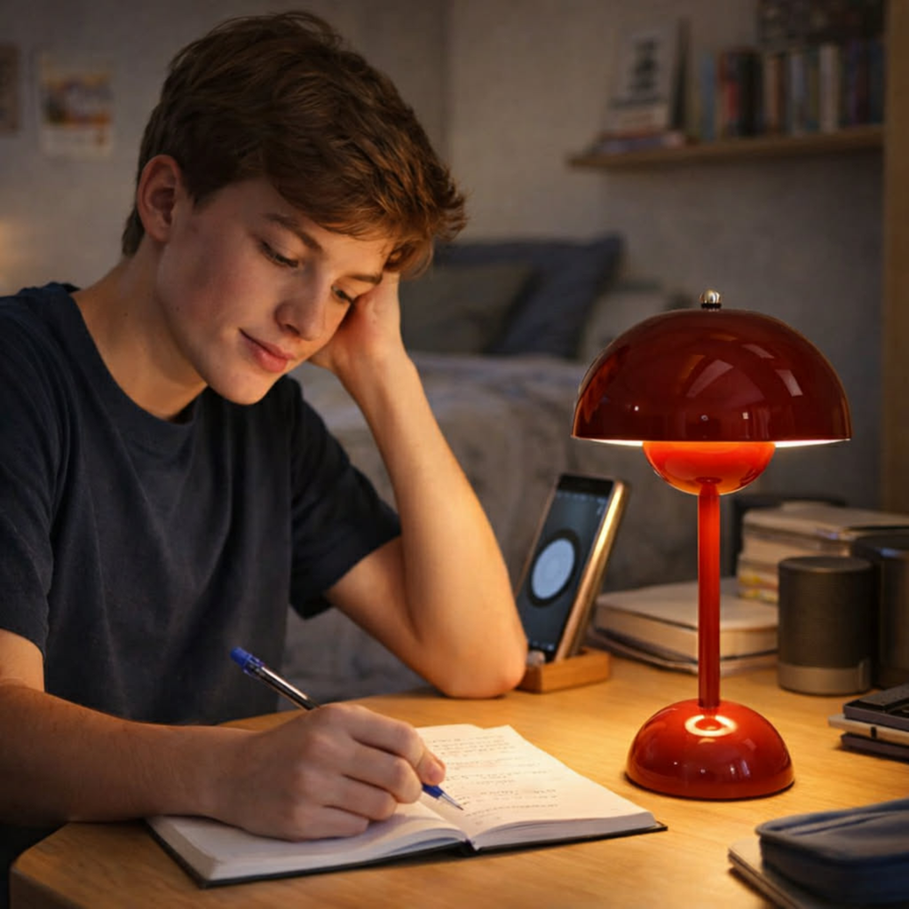 Creative Bedroom Minimalist Mushroom Shaped LED Table Lamp – Bedside Study Office Desk Light with Modern Flower Bud Design for Kids Room Decor