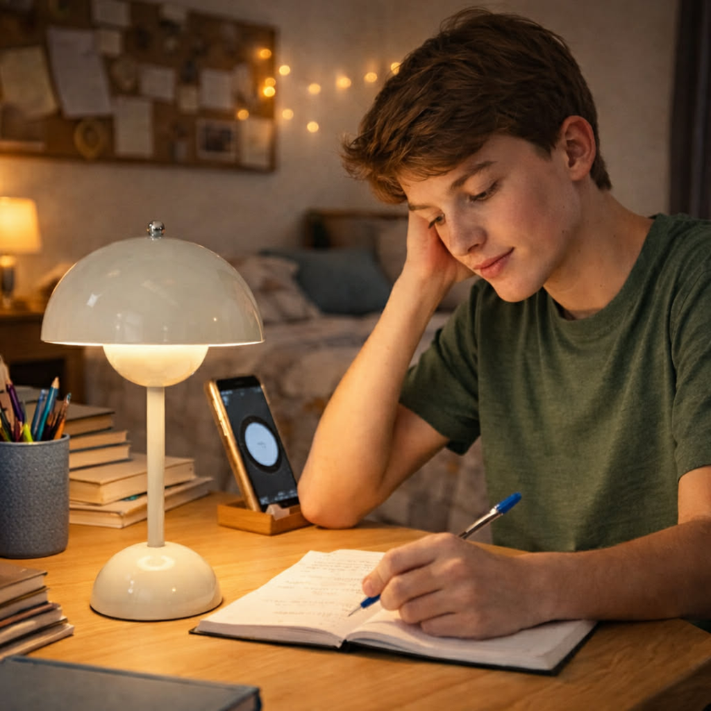 Creative Bedroom Minimalist Mushroom Shaped LED Table Lamp – Bedside Study Office Desk Light with Modern Flower Bud Design for Kids Room Decor