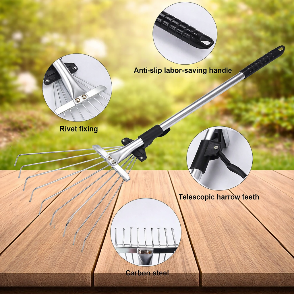 Adjustable Garden Rake with 9 Teeth for Lawn and Garden Cleaning