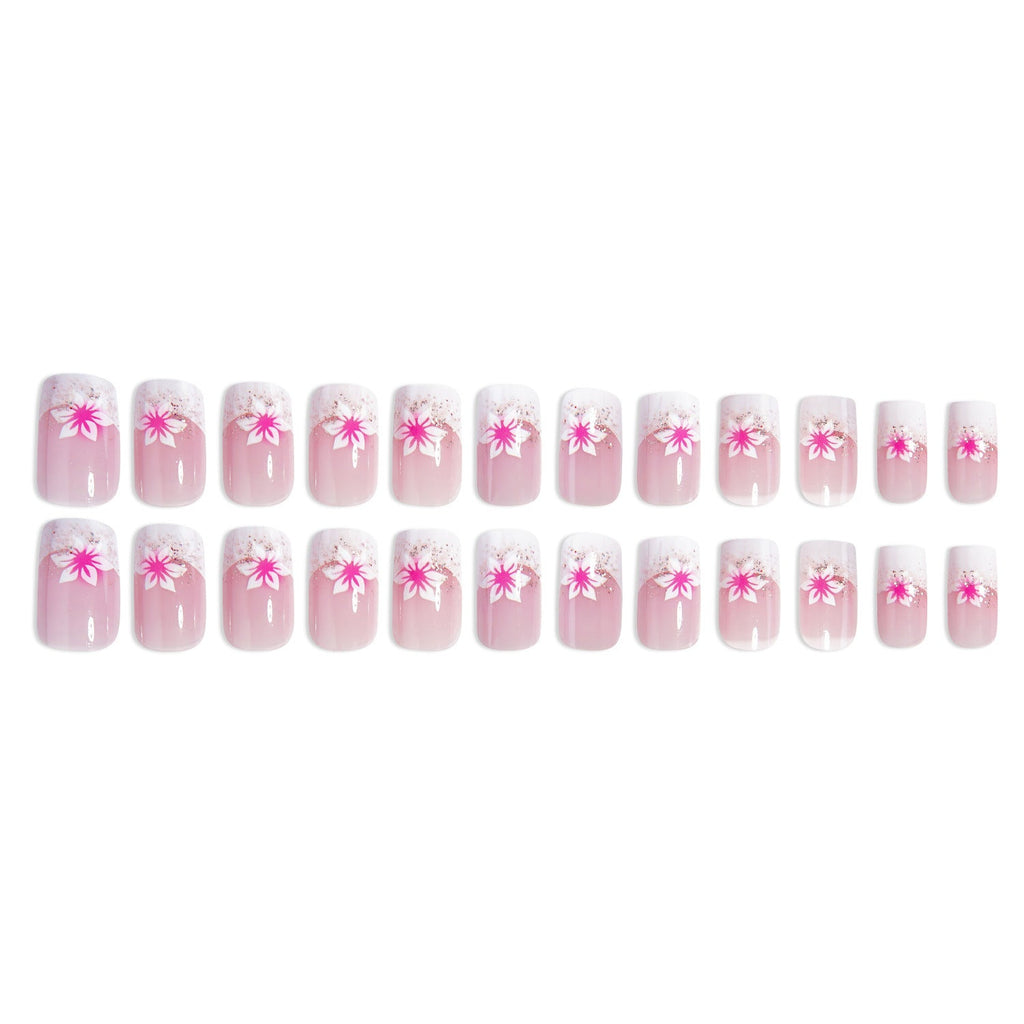 24-Piece Rose Pink Glitter Floral Square French Press-On Nails