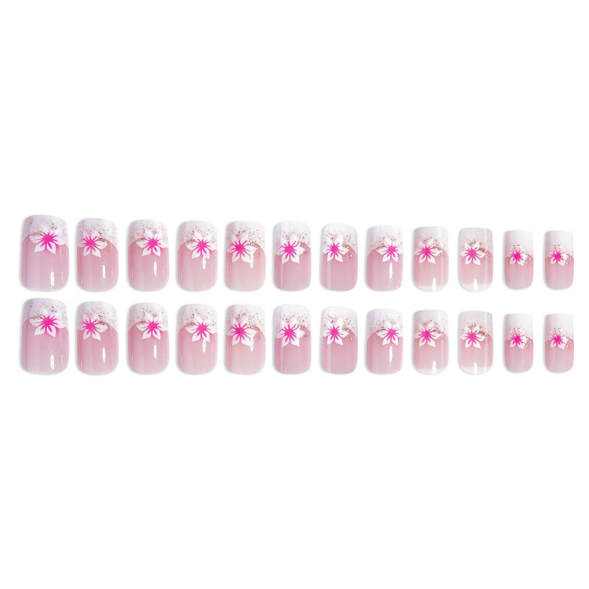 24-Piece Rose Pink Glitter Floral Square French Press-On Nails