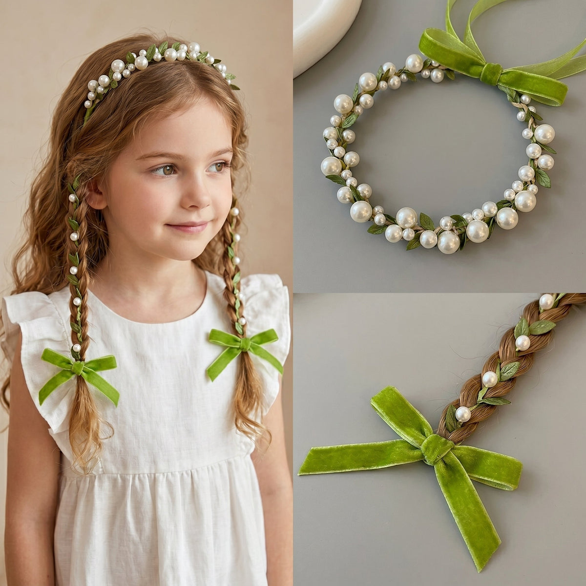 Forest Fairy Green Vine Pearl Kids Braided Headband