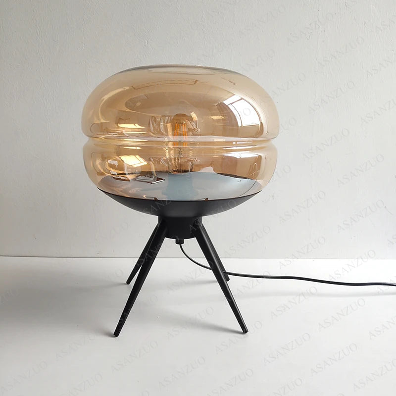 Blue Glass Table Lamp - Artistic E27 Desk Light with Hardware Shelf, Modern Bedroom or Living Room Creative Decor Accent