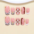 Cow Print French Short Square Press On Nails with 3D Flower | 24 Count