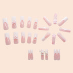 24-Piece Pink French Bow, Pearl Heart & Star Long Coffin Press-On Nails
