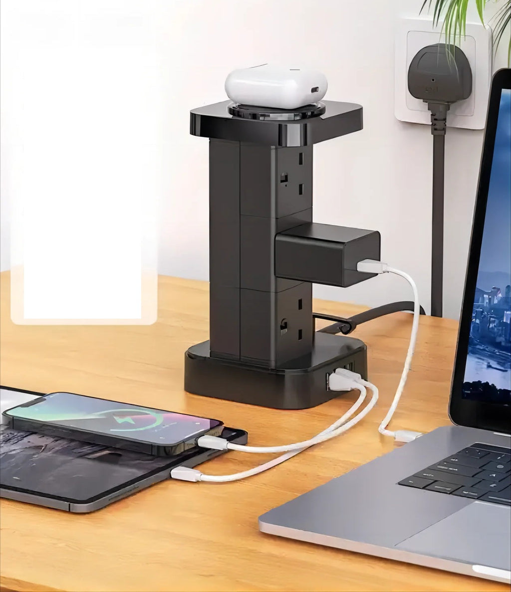 Vertical Power Tower Extension Socket - Plug Strip with USB-A USB-C Ports, Multi Outlet Charging Station for Home Office