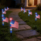 8-in-1 Patriotic Solar Powered LED US Flag Stake Lights Weatherproof Lawn & Pathway Lighting