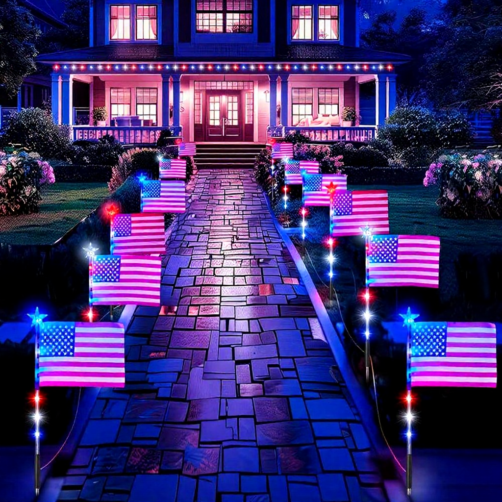 8-in-1 Patriotic Solar Powered LED US Flag Stake Lights Weatherproof Lawn & Pathway Lighting