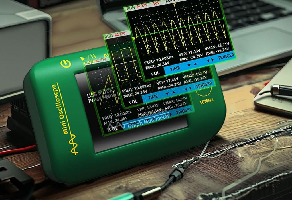 Handheld Digital Oscilloscope 10MHz – Portable USB Rechargeable Waveform Analyzer with 2.8in Display and Probe