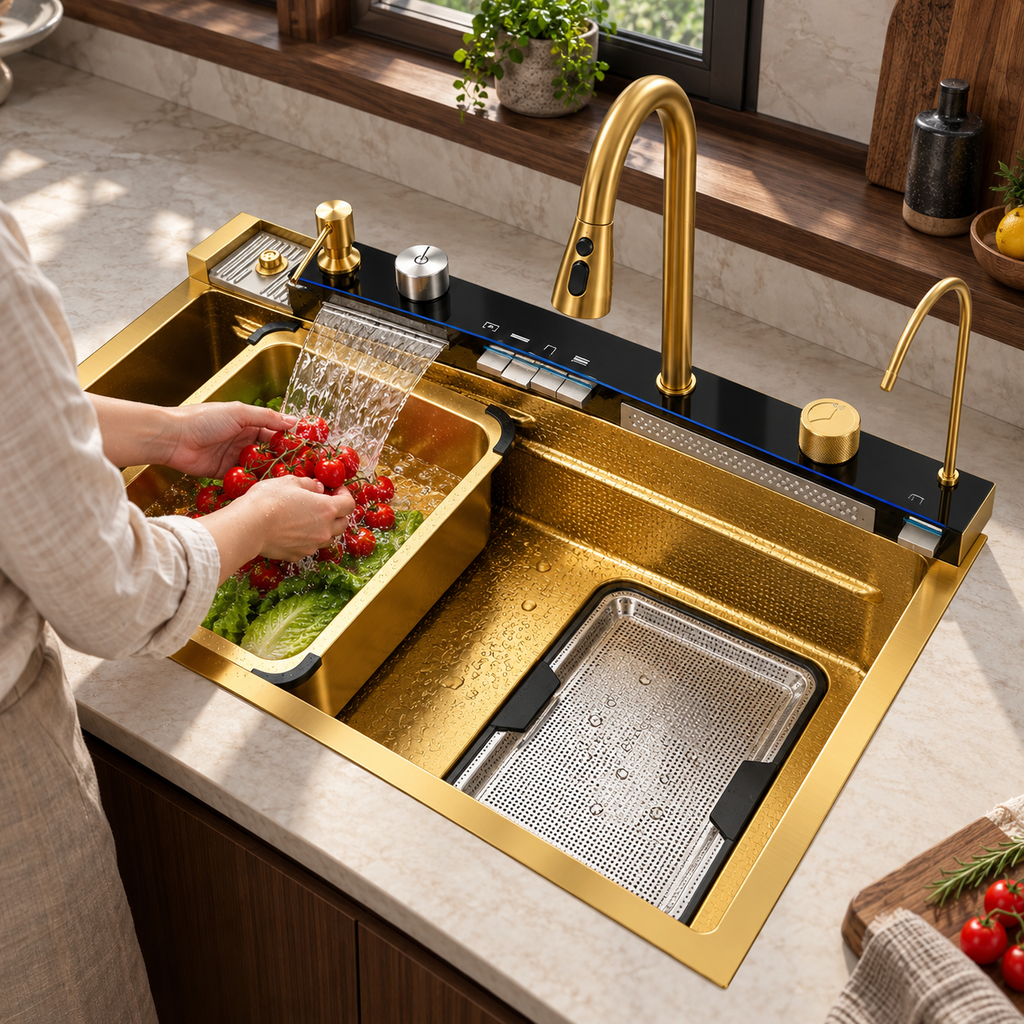 Golden Flow Waterfall Kitchen Workstation Sink