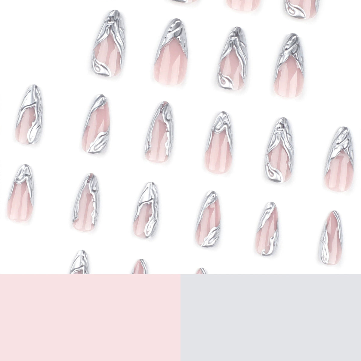 Silver 3D French Long Teardrop Press-On Nails, 24 Pcs + Glue