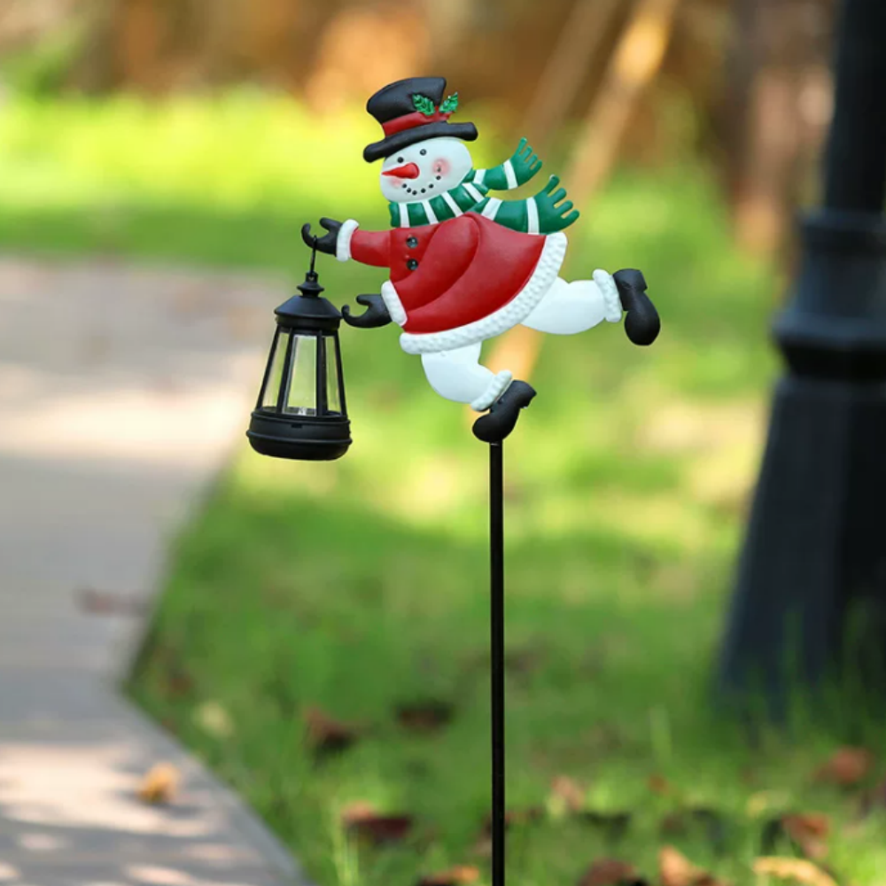 Adorable Metal Snowman Garden Stake Light with Solar Lantern ‑ Outdoor Yard Lawn Patio Christmas Holiday Festive Decor Ornament