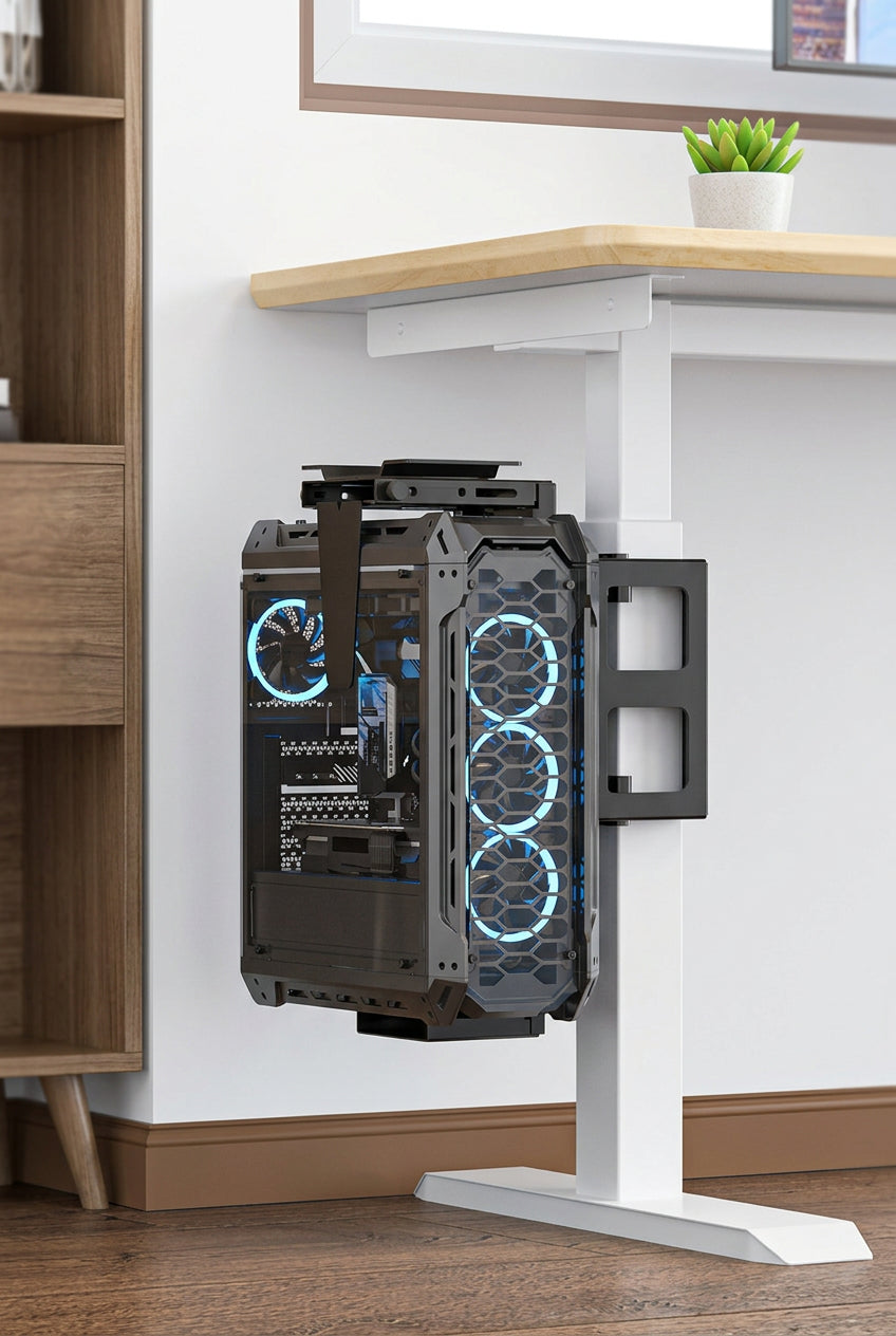 Adjustable Under-Desk CPU Holder – Clamp or Side-Mount Computer Tower Bracket for Standing Desks, Space Saving and Organized Workstations