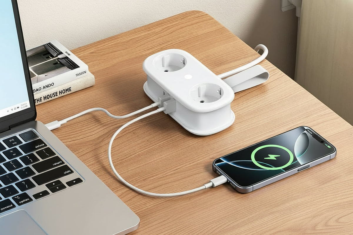 Ultra Portable Travel Power Strip – Dual AC Outlets with USB and Type-C Charging Extension Cord for Home, Office and Travel