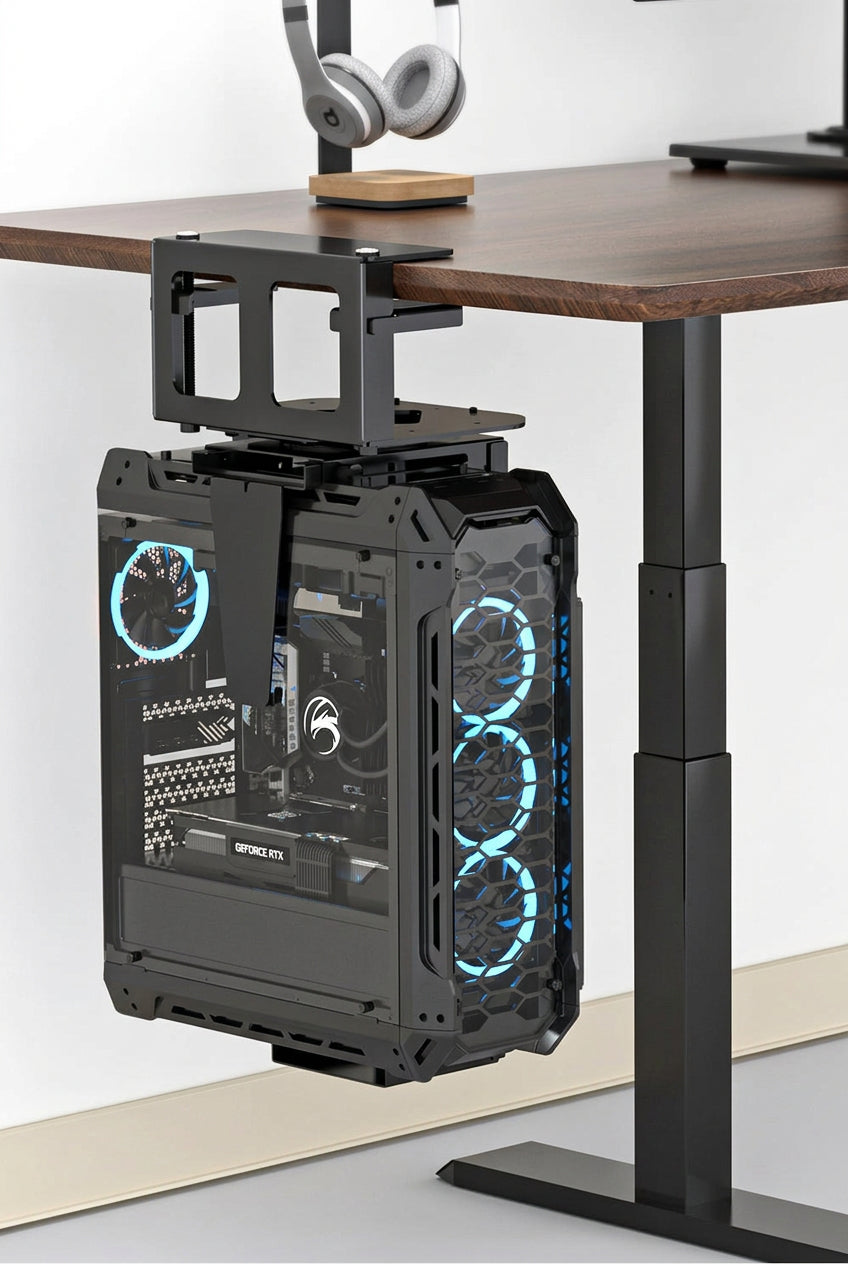 Adjustable Under-Desk CPU Holder – Clamp or Side-Mount Computer Tower Bracket for Standing Desks, Space Saving and Organized Workstations