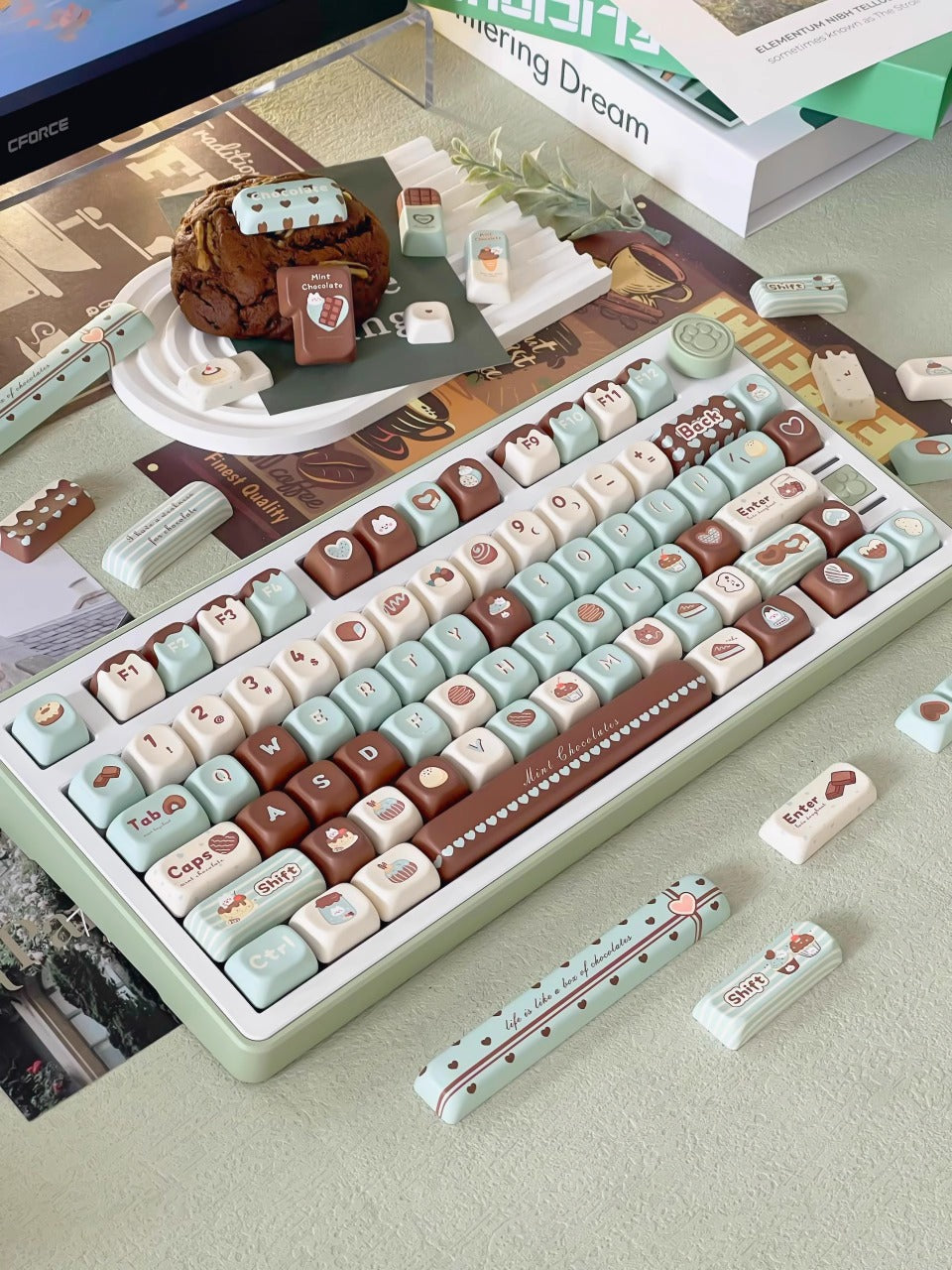SOA Mint Chocolate Mechanical Keyboard Keycaps – 152 Keys PBT Dye Sublimation Custom Keycap Set for 61–108 Mechanical Keyboards