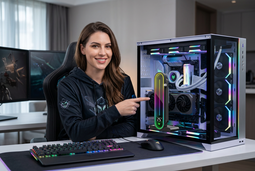 ARGB GPU Support Bracket – Vertical Graphics Card Holder with Temperature Display, Mirror Lighting and 5V 3-Pin Desktop PC Connection