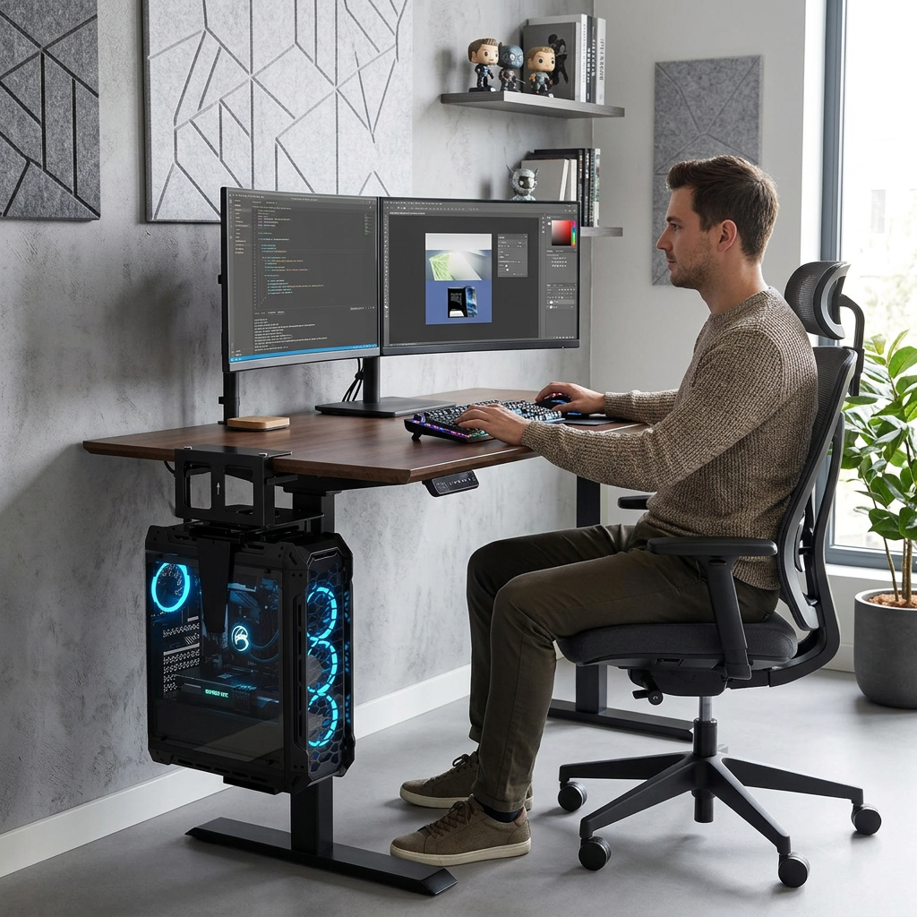 Adjustable Under-Desk CPU Holder – Clamp or Side-Mount Computer Tower Bracket for Standing Desks, Space Saving and Organized Workstations