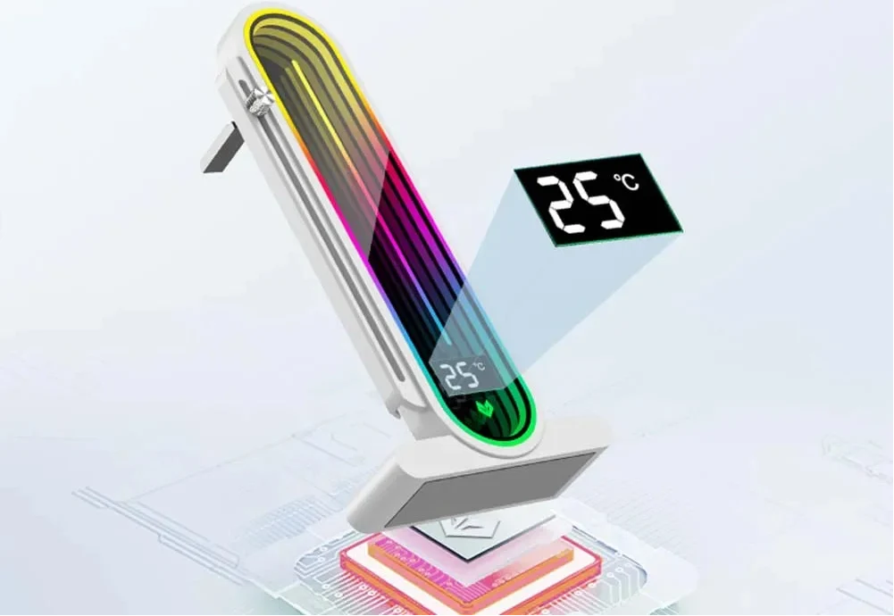 ARGB GPU Support Bracket – Vertical Graphics Card Holder with Temperature Display, Mirror Lighting and 5V 3-Pin Desktop PC Connection