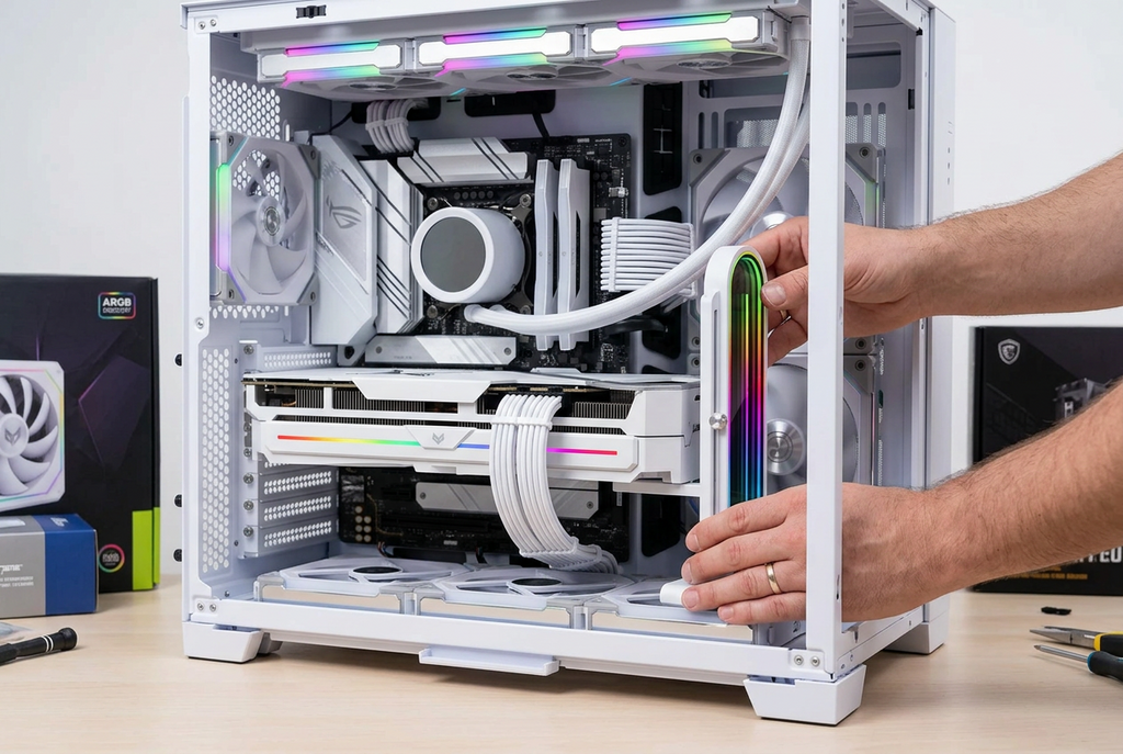 ARGB GPU Support Bracket – Vertical Graphics Card Holder with Temperature Display, Mirror Lighting and 5V 3-Pin Desktop PC Connection