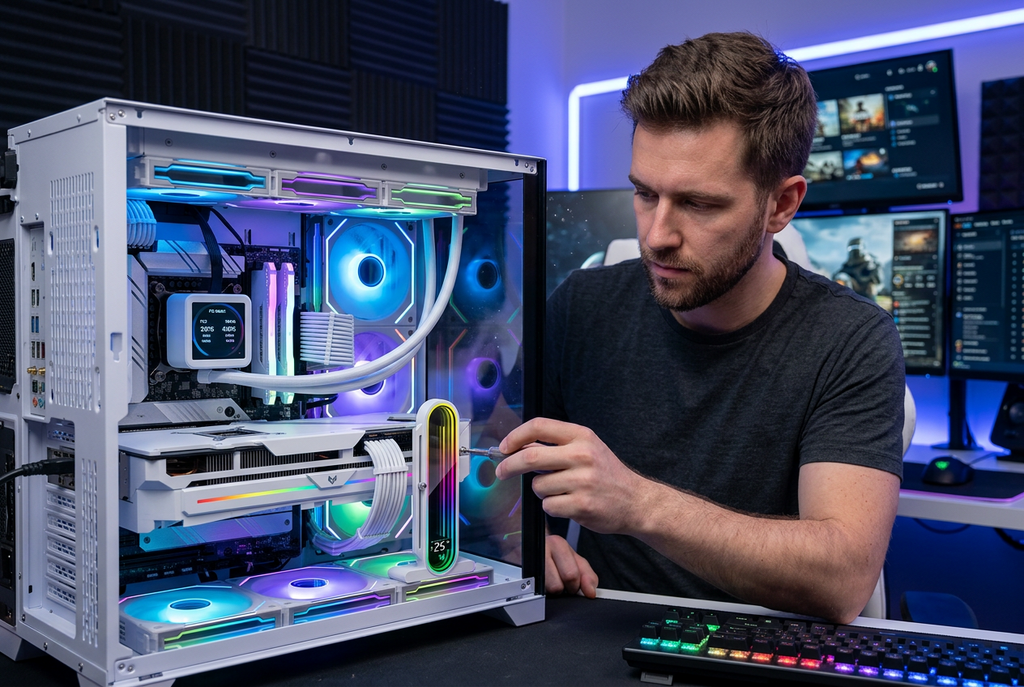 ARGB GPU Support Bracket – Vertical Graphics Card Holder with Temperature Display, Mirror Lighting and 5V 3-Pin Desktop PC Connection