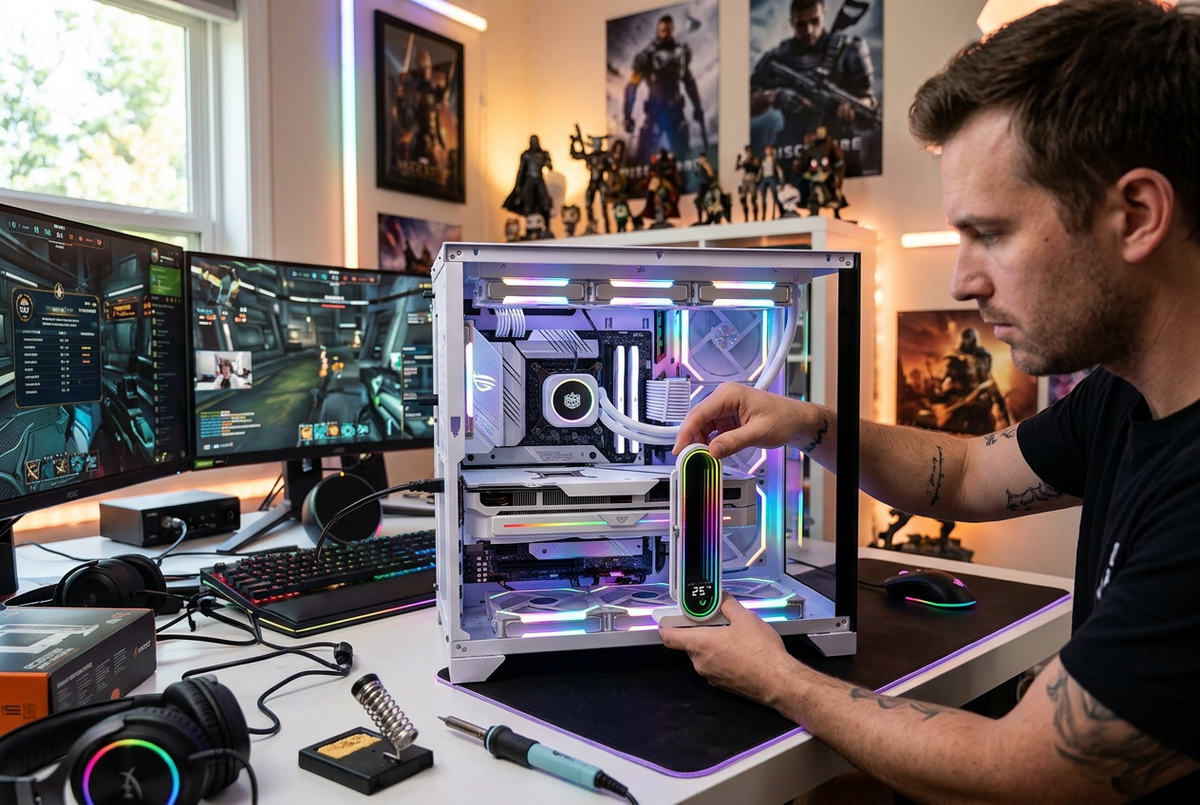 ARGB GPU Support Bracket – Vertical Graphics Card Holder with Temperature Display, Mirror Lighting and 5V 3-Pin Desktop PC Connection