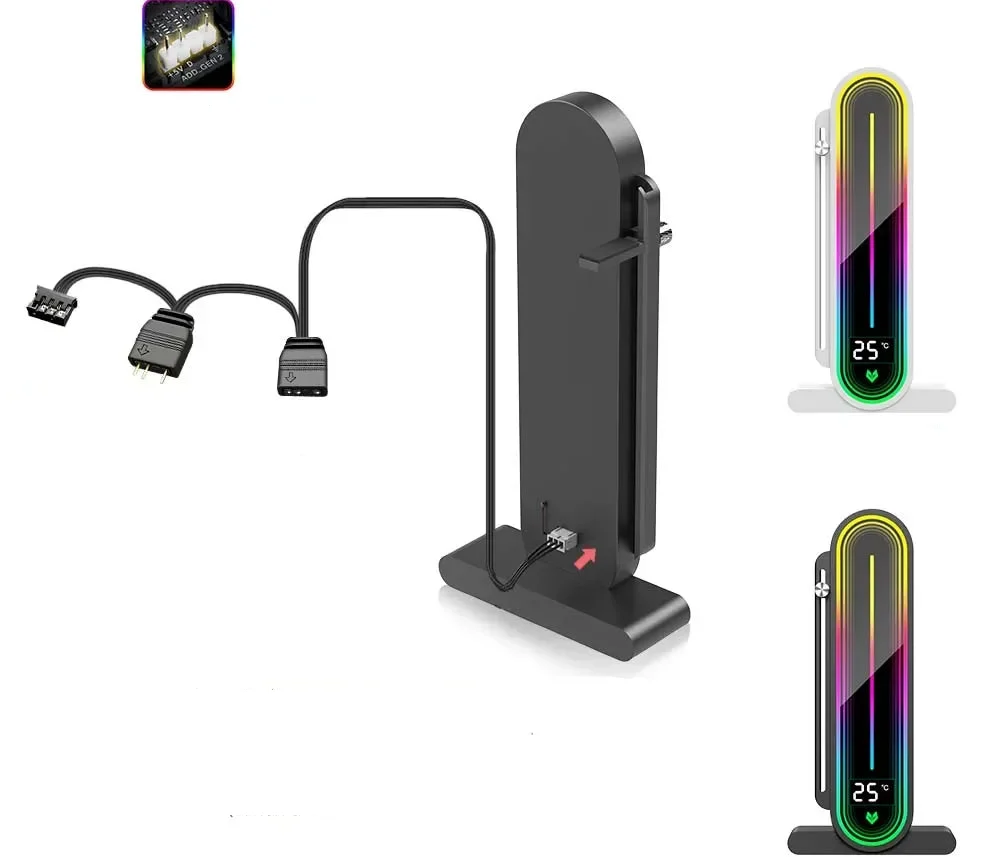 ARGB GPU Support Bracket – Vertical Graphics Card Holder with Temperature Display, Mirror Lighting and 5V 3-Pin Desktop PC Connection