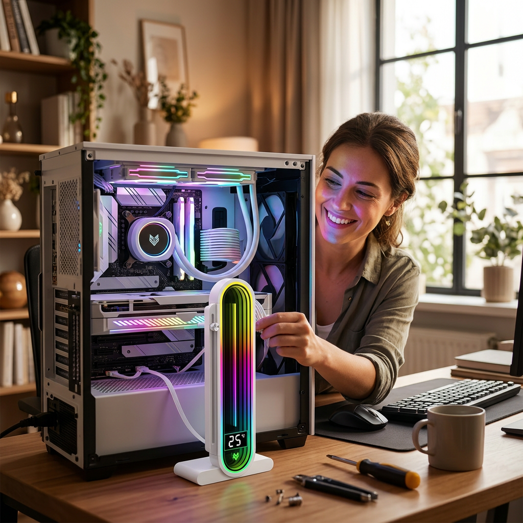 ARGB GPU Support Bracket – Vertical Graphics Card Holder with Temperature Display, Mirror Lighting and 5V 3-Pin Desktop PC Connection
