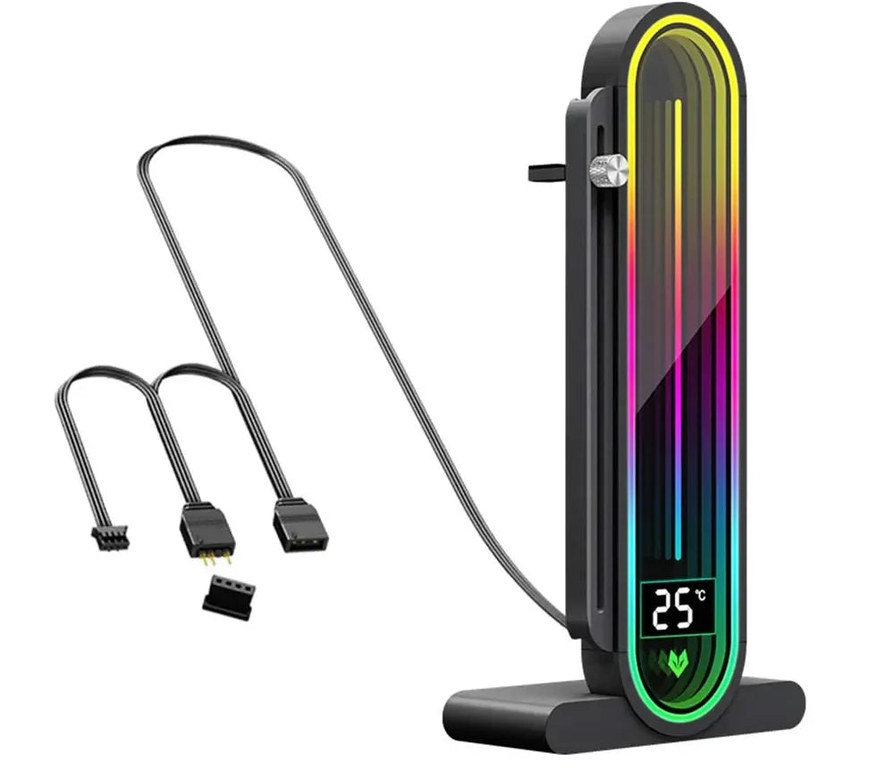 ARGB GPU Support Bracket – Vertical Graphics Card Holder with Temperature Display, Mirror Lighting and 5V 3-Pin Desktop PC Connection
