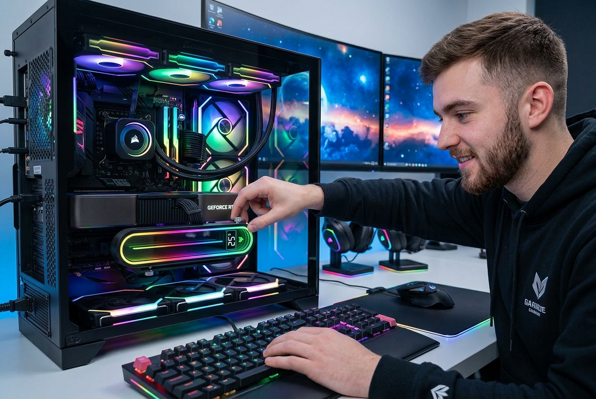 ARGB GPU Support Bracket – Vertical Graphics Card Holder with Temperature Display, Mirror Lighting and 5V 3-Pin Desktop PC Connection